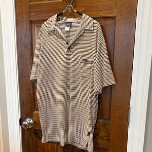 Patagonia Beige and Black Striped Short-Sleeve Polo